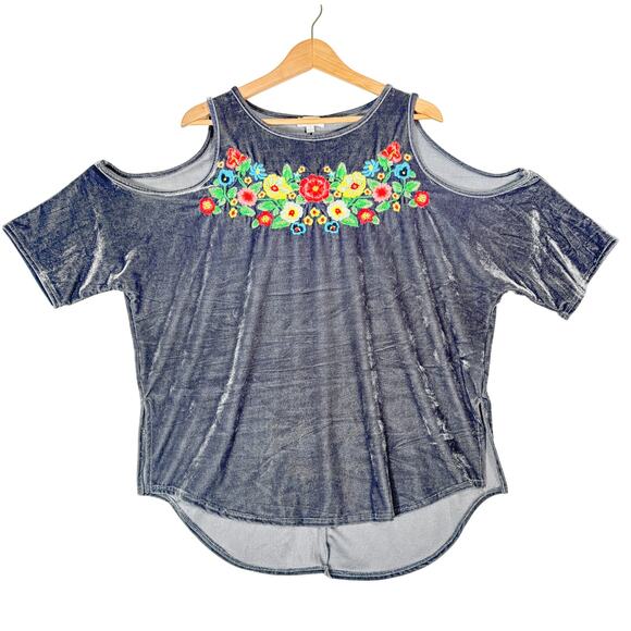 Umgee Velvet Embroidered Cold Shoulder Top Women's S Boho Fairy Lightweight - Picture 1 of 8